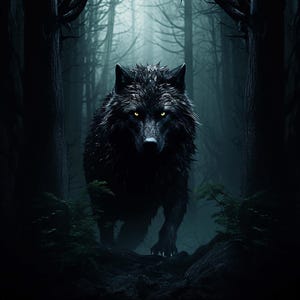 Może przedstawiać: Czarny wilk z błyszczącymi żółtymi oczami stoi w ciemnym, mglistym lesie. Wilk patrzy w stronę aparatu i wydaje się iść w kierunku widza.