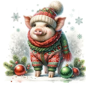 Puede incluir: Un cerdito alegre con un suéter, gorro y bufanda navideños rojos y verdes. La imagen presenta copos de nieve y adornos navideños. El tema general es una escena festiva de invierno.