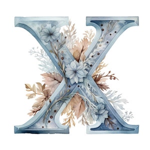 May include: Watercolour illustration of the letter X decorated with blue and brown floral elements. The letter is in a vintage style with a textured surface.