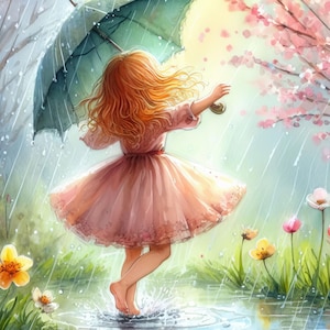 May include: A young girl in a pink dress dances in a puddle under a green umbrella. The girl has long red hair and is smiling. The background is a watercolor painting of a forest with a blooming pink tree.