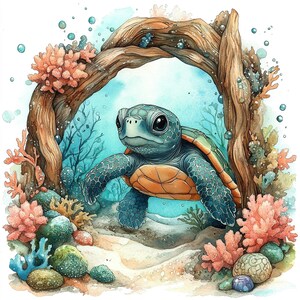 以下が含まれることがあります： 流木とサンゴのアーチを泳ぐウミガメの水彩イラスト。カメは青緑色の甲羅とオレンジ色のお腹をしています。背景にはサンゴ、海草、泡が描かれています。