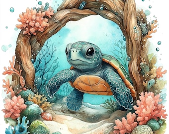 May include: Watercolor illustration of a sea turtle swimming through an archway of driftwood and coral. The turtle has a blue-green shell and orange underbelly. The background features coral, sea plants, and bubbles.