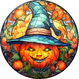May include: A stained glass pumpkin with a blue and green witch's hat. The pumpkin has a scary face with a wide grin and yellow eyes. The background is a colourful stained glass design with leaves and flowers.