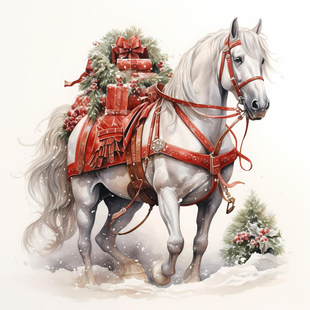 Watercolor Christmas White Horse Winter Delivery Pattern Keeper ...