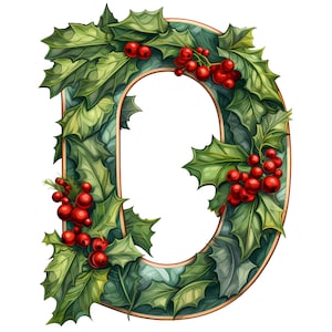 May include: A green holly wreath in the shape of the letter D, decorated with red berries.