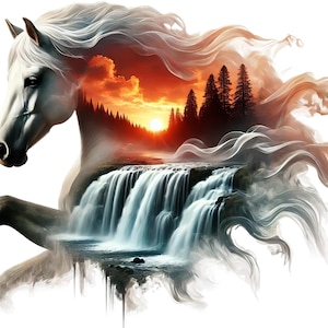 Puede incluir: Un caballo blanco con una melena y cola fluidas, su forma se funde con un paisaje escénico. Una cascada cae por un acantilado rocoso, con un bosque y una puesta de sol en el fondo.