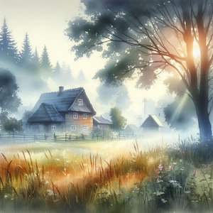 Könnte beinhalten: Ein Aquarellbild, das eine ländliche Szene mit einem Holzhaus, Bäumen und einem Feld mit hohem Gras zeigt. Die Sonne scheint durch die Bäume und erzeugt eine warme und einladende Atmosphäre.