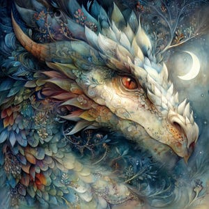 Może przedstawiać: Szczegółowa ilustracja głowy smoka, z białym i kremowym pyskiem i łuskami. Smok ma czerwone oko i jest ozdobiony skomplikowanymi wzorami kwiatowymi i liściastymi w odcieniach niebieskiego, zielonego i pomarańczowego. Półksiężyc jest widoczny w tle.
