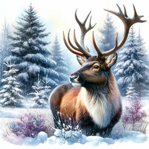 Könnte beinhalten: Aquarellmalerei eines majestätischen Rentiers in einem verschneiten Wald. Das Rentier hat ein großes Geweih und ein braun-weißes Fell. Der Hintergrund zeigt schneebedeckte Kiefern und eine weiche, winterliche Atmosphäre.