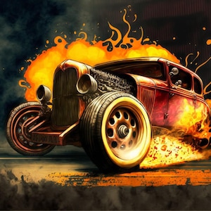 May include: A red vintage hot rod car with flames coming out of the back tires and smoke coming from the engine. The car is driving on a dark road with a yellow and orange background.