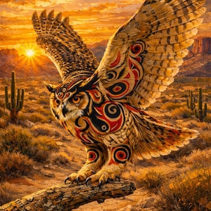 May include: A painting of a Great Horned Owl with open wings, perched on a log in a desert scene. The owl has detailed patterns in red, black, and gold. The background depicts a sunset with cacti.