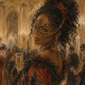 Könnte beinhalten: Ein Ölgemälde einer Person mit dunklem, lockigem Haar, die eine goldene Filigranmaske mit roten und schwarzen Akzenten, ein rot-schwarzes Kleid mit Spitzenbesatz und goldene Ohrringe trägt und ein Glas Champagner in einem Ballsaal hält.