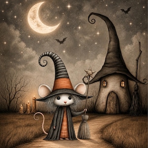 Puede incluir: Un pequeño ratón con un sombrero de bruja alto y a rayas y una capa oscura, sosteniendo una escoba con una estrella en la punta. La escena muestra una luna creciente, estrellas, murciélagos, tres velas encendidas y una casa puntiaguda.