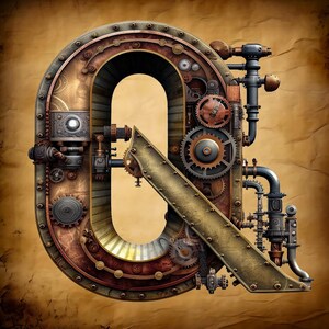 May include: A steampunk-style letter Q made of metal gears, pipes, and other industrial elements. The letter is rendered in a 3D style and appears to be made of brass, copper, and steel.