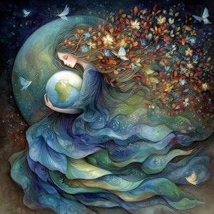May include: An artistic illustration of a woman cradling a globe, symbolising Earth. Her flowing gown blends blues and greens, with her hair adorned with flowers and leaves. Butterflies flutter around her, set against a dark, starry background.