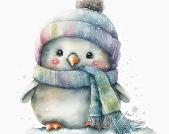 Watercolor winter baby penguin PDF instant digital download counted cross stitch 14ct BW pattern keeper compatible, color chart printout