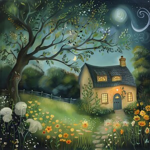 Puede incluir: Ilustración de una cabaña en un jardín iluminado por la luna. La cabaña tiene un tejado gris oscuro, una puerta azul y ventanas iluminadas. Un gran árbol con hojas verdes y flores amarillas enmarca la escena, con una luna y estrellas.