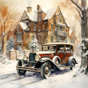 Puede incluir: Pintura a la acuarela de un coche antiguo en una escena nevada. El coche es rojo y negro, estacionado frente a una gran casa de ladrillo con tejados cubiertos de nieve. Los árboles bordean la carretera, creando un ambiente invernal.