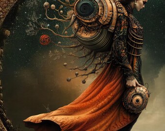May include: An artistic digital illustration of a figure in a flowing orange robe, holding a spherical object. The figure has long brown hair and is set against a starry background. A large, ornate mechanical structure is attached to the figure's back.