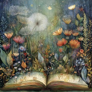 Peut inclure: Illustration d'un livre ouvert aux pages colorées, entouré d'un jardin vibrant de fleurs et de feuillage. L'œuvre d'art a une qualité onirique et éthérée avec un éclairage doux et une palette de verts, d'oranges et de bleus. Les pages du livre affichent un texte manuscrit.