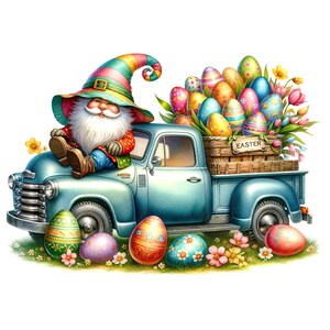 May include: A blue pickup truck with a gnome sitting on the hood. The truck bed is filled with colorful Easter eggs and flowers. The truck has the word "Easter" written on the side of the bed.