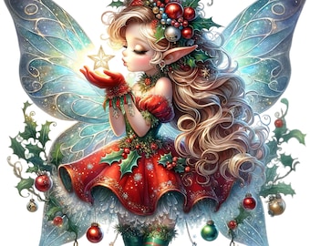 Op de afbeelding: Een kerstfee met blauwe vleugels en een rood-groene jurk houdt een gouden ster in haar hand. Ze draagt een krans van hulst met rode bessen en bellen.