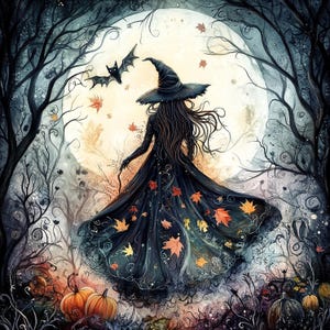 Puede incluir: Ilustración en acuarela de una bruja con vestido y sombrero negros, en un bosque con luna llena. El vestido está adornado con hojas de otoño. Un murciélago vuela. Hay calabazas abajo.