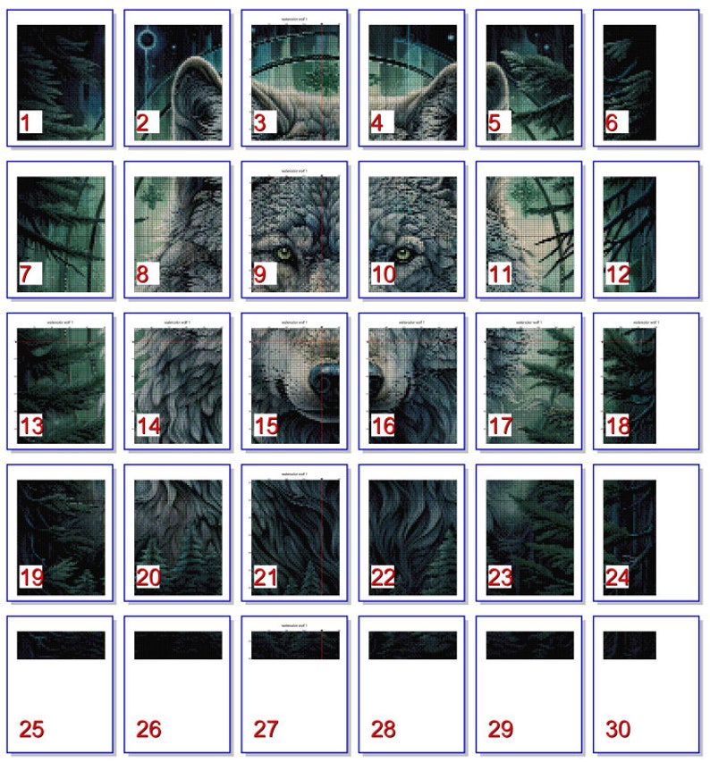 May include: A digital art mosaic of a wolf's face with a forest background. The mosaic is made up of small squares of different colors, creating a pixelated effect.