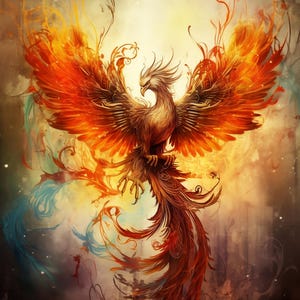 以下が含まれることがあります： オレンジ、赤、金色の燃えるような色合いで描かれた、翼を広げた不死鳥の鮮やかなイラスト。 神話上の鳥は炎と煙に囲まれ、羽の細部まで描かれています。 背景は柔らかくぼやけた効果があります。