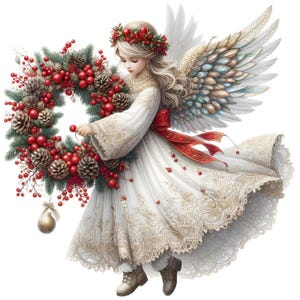 Może przedstawiać: Biały anioł z pióropuszowymi skrzydłami i czerwoną wstążką wokół talii trzyma wieniec bożonarodzeniowy ozdobiony czerwonymi jagodami i szyszkami.
