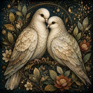 Puede incluir: Dos palomas de color crema posadas juntas en una rama, rodeadas de intrincado follaje dorado y azul oscuro, flores y un fondo celestial con estrellas y una luna creciente, representado en un estilo artístico detallado y texturizado.