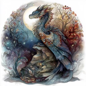 May include: An intricate illustration of a dragon, with blue, teal, and brown scales, perched on a rock. The artwork is set against a backdrop of a full moon and a dreamlike landscape. Stylized trees and foliage surround the dragon, creating a fantastical scene.