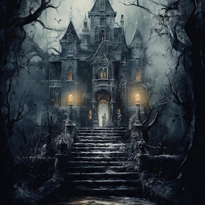May include: A digital illustration of a gothic mansion at night. The dark gray stone building has multiple turrets and lit windows. A long staircase leads to the entrance, flanked by lampposts. Bare trees and a dark sky create a spooky atmosphere.