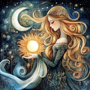 May include: Watercolor illustration of a woman with long, flowing auburn hair, holding a radiant sun. She wears a dark teal dress with gold filigree patterns, set against a starry night sky with a crescent moon.