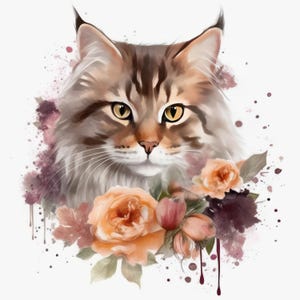 Puede incluir: Una pintura de acuarela de un gato atigrado marrón con ojos verdes, rodeado de flores rosas y naranjas. El gato está mirando directamente al espectador.
