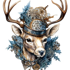 Könnte beinhalten: Ein Aquarellbild eines Hirschkopfes mit Geweih. Der Hirsch trägt einen blauen und goldenen Hut im Steampunk-Stil mit Zahnrädern und Zahnrädern. Der Hut ist mit blauen und goldenen Blättern verziert. Der Hirsch hat ein braunes und weißes Gesicht mit großen braunen Augen.