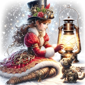 Steampunk Christmas girl lantern 15, pattern keeper compatible, PDF instant digital download counted cross stitch B&W, color chart printout