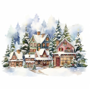 Padrão de vila de Natal em aquarela compatível com PDF download digital instantâneo ponto cruz contado 18ct P&B, impressão de cartela de cores