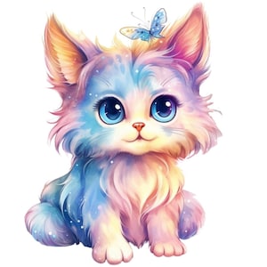 Puede incluir: Un gatito esponjoso de colores pastel con ojos azules se sienta con una mariposa azul en la cabeza. El gatito tiene una mirada suave y soñadora y está rodeado de un fondo blanco.