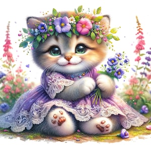 Puede incluir: Ilustración en acuarela de un lindo gatito con una corona de flores y un vestido morado con adornos de encaje. El gatito sostiene un ramo de flores azules, rodeado de flores y vegetación coloridas.