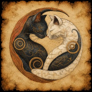 Op de afbeelding: Een cirkelvormige illustratie van twee katten, één zwart en één wit, verweven in een yin-yang ontwerp. De katten zijn versierd met gouden en bruine decoratieve patronen, tegen een achtergrond van getextureerd, verouderd papier.
