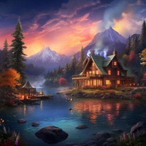 Peut inclure: Un chalet en bois confortable avec une véranda donnant sur un lac dans un cadre montagneux. Le chalet a un toit vert et des fenêtres d'où émane une lumière chaude. Le lac est calme et reflète le ciel coloré et les montagnes.