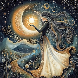 May include: An ethereal illustration depicts a woman in a flowing gown holding a sun. A crescent moon and stars illuminate the night sky. The artwork features gold and white accents, with a landscape of hills and flowers.