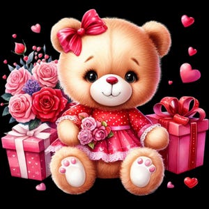 Op de afbeelding: Een schattige teddybeer met een rode polkadotjurk en bijpassende strik. De beer is omringd door roze harten, rozen en geschenkdozen, alles tegen een zwarte achtergrond. De afbeelding heeft een Valentijnsdagthema.