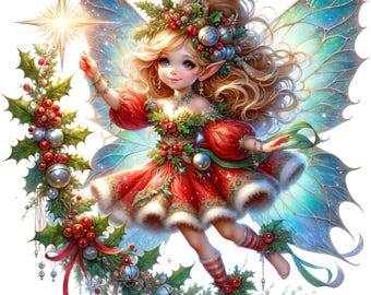 Op de afbeelding: Een grillige illustratie van een kerstfee met blond haar, blauwe vleugels en een rode jurk versierd met hulst en zilveren ornamenten. Ze houdt een stralende ster vast, met een hulst- en ornamentenkrans.