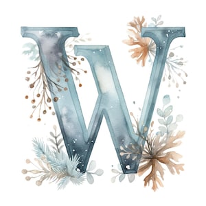 May include: Watercolour illustration of the letter W with blue and brown floral accents.