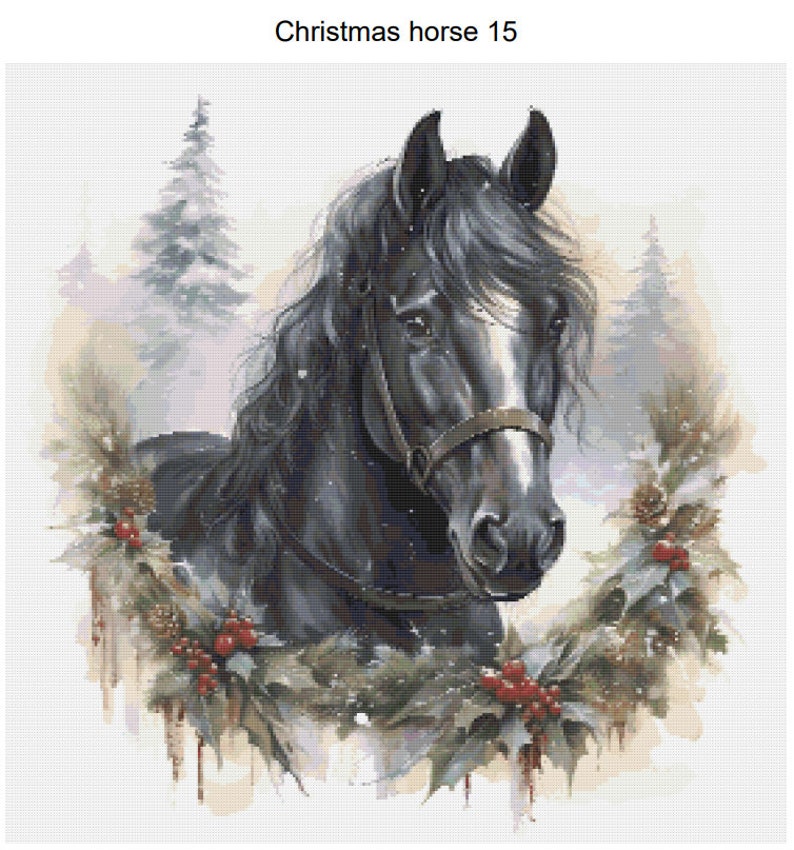 Watercolor Christmas Black Horse Winter Wreath Pattern Keeper ...