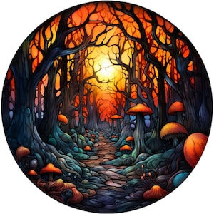 May include: Circular artwork depicting a mystical forest scene. The image features a path winding through tall, dark trees with orange-capped mushrooms. The sky is a vibrant orange, suggesting a sunset or sunrise, creating a fantasy theme.