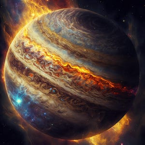 Puede incluir: Un planeta gigante gaseoso ardiente y giratorio con un patrón giratorio y en bandas de naranja, marrón y blanco. El planeta está rodeado por una nebulosa de gas incandescente y estrellas.