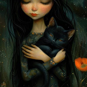 May include: A young girl with long black hair holds a black cat in her arms. She is wearing a dark green dress with gold accents. The background is a dark blue with stars and a crescent moon. There are orange flowers in the foreground.